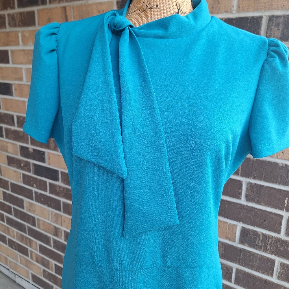 Maggy London Tie Neck Teal Dress - Picture 7 of 14